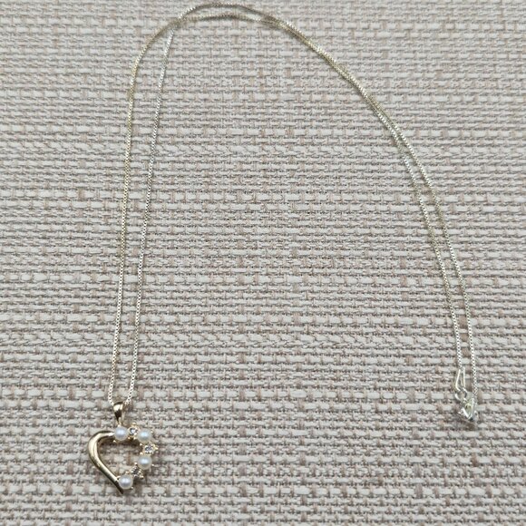 18 Inch Gold Over Sterling Pearls And Diamonds Heart Necklace A6169 - Picture 1 of 8